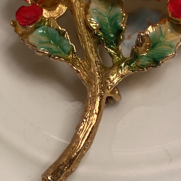 Vintage Made in Austria enamel rhinestone red flower brooch- 2 1/2” x 1 1/2” - Picture 3 of 11